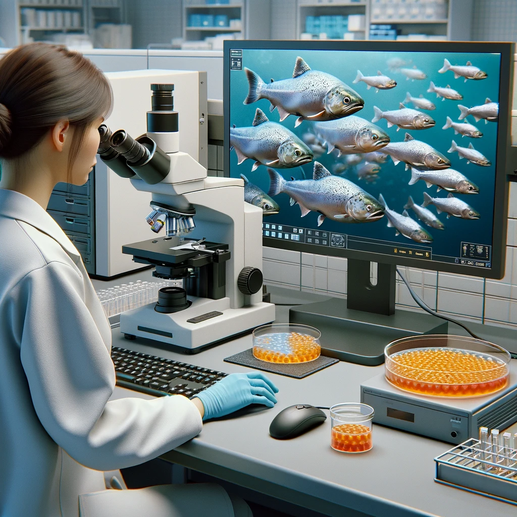 DALL·E 2024-03-05 21.43.40 - A realistic photograph showing a laboratory workstation for salmon research. The workstation includes a computer with a monitor on the right side, dis