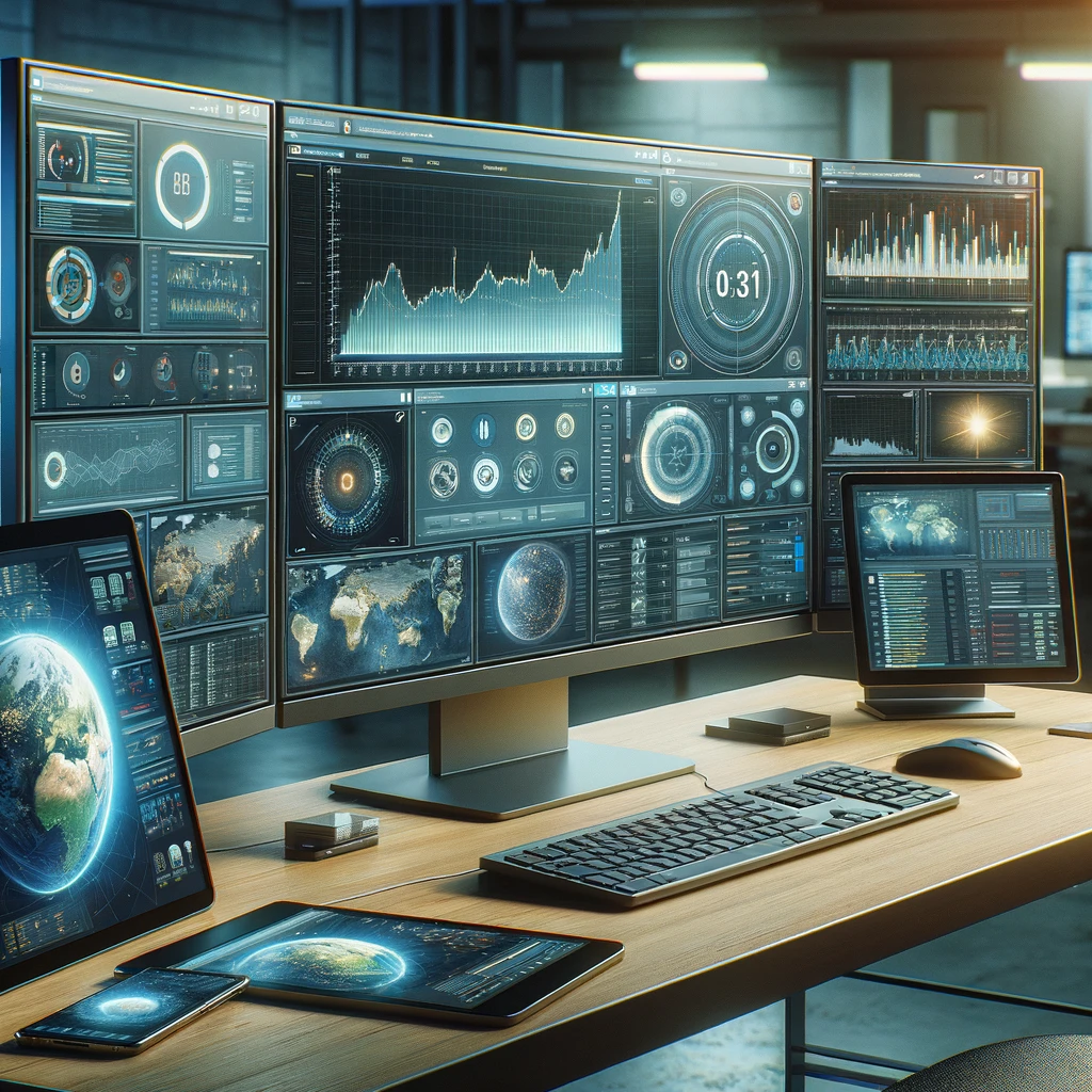 DALL·E 2024-03-05 21.43.54 - A realistic photograph depicting a remote analysis setup. The scene includes a computer workstation with multiple monitors displaying various data cha